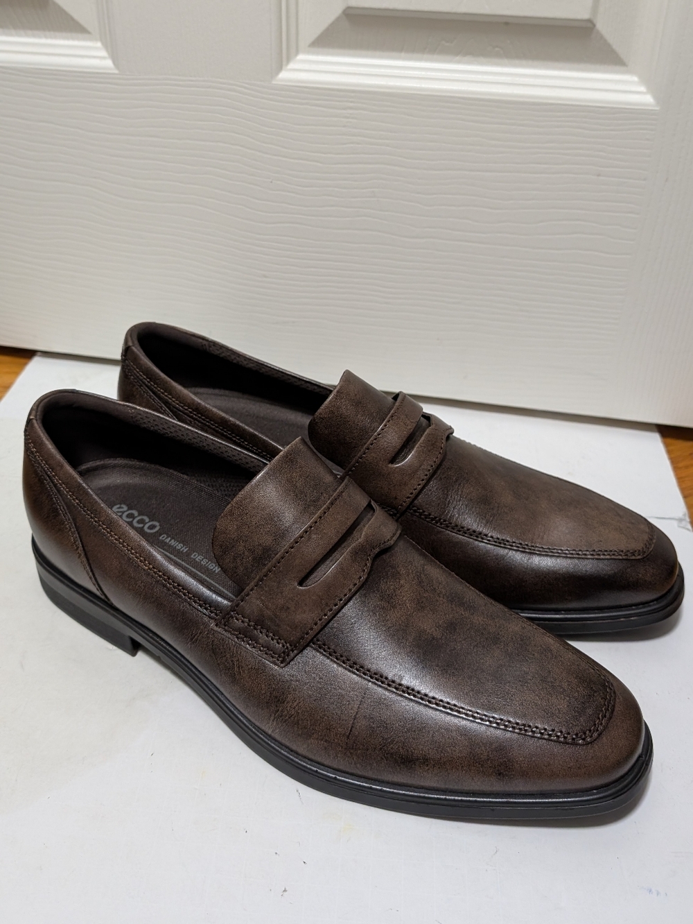 Ecco Shoes 47 Queenstown Penny Loafers Brown Leather Casual Slip On Size 13 NEW